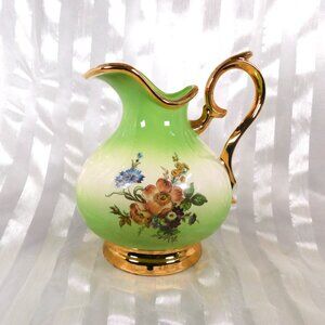 Signed Green Floral Pitcher with Gold Trim # 26396